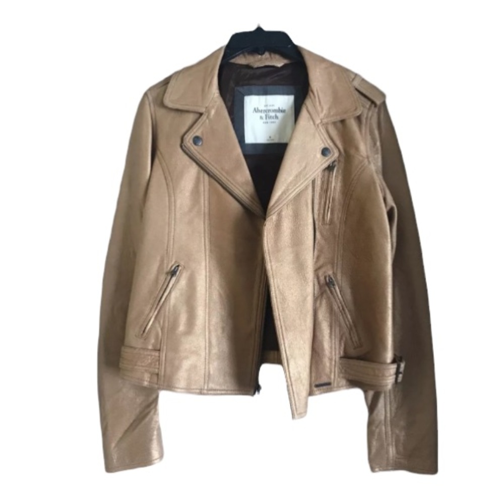 Abercrombie & Fitch Metallic Shimmer Gold 100% Genuine Soft Leather Jacket Coat - Picture 2 of 10